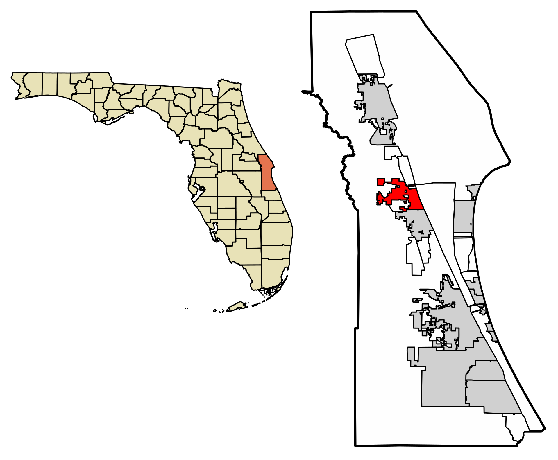 Map of Brevard County, Florida with the City of Cocoa highlighted.