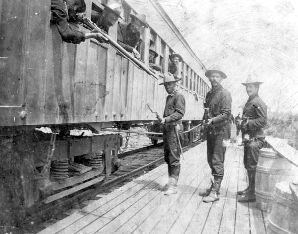 Louisiana Volunteers at the Cocoa train depot during the Spanish-American War mobilization, 1898.