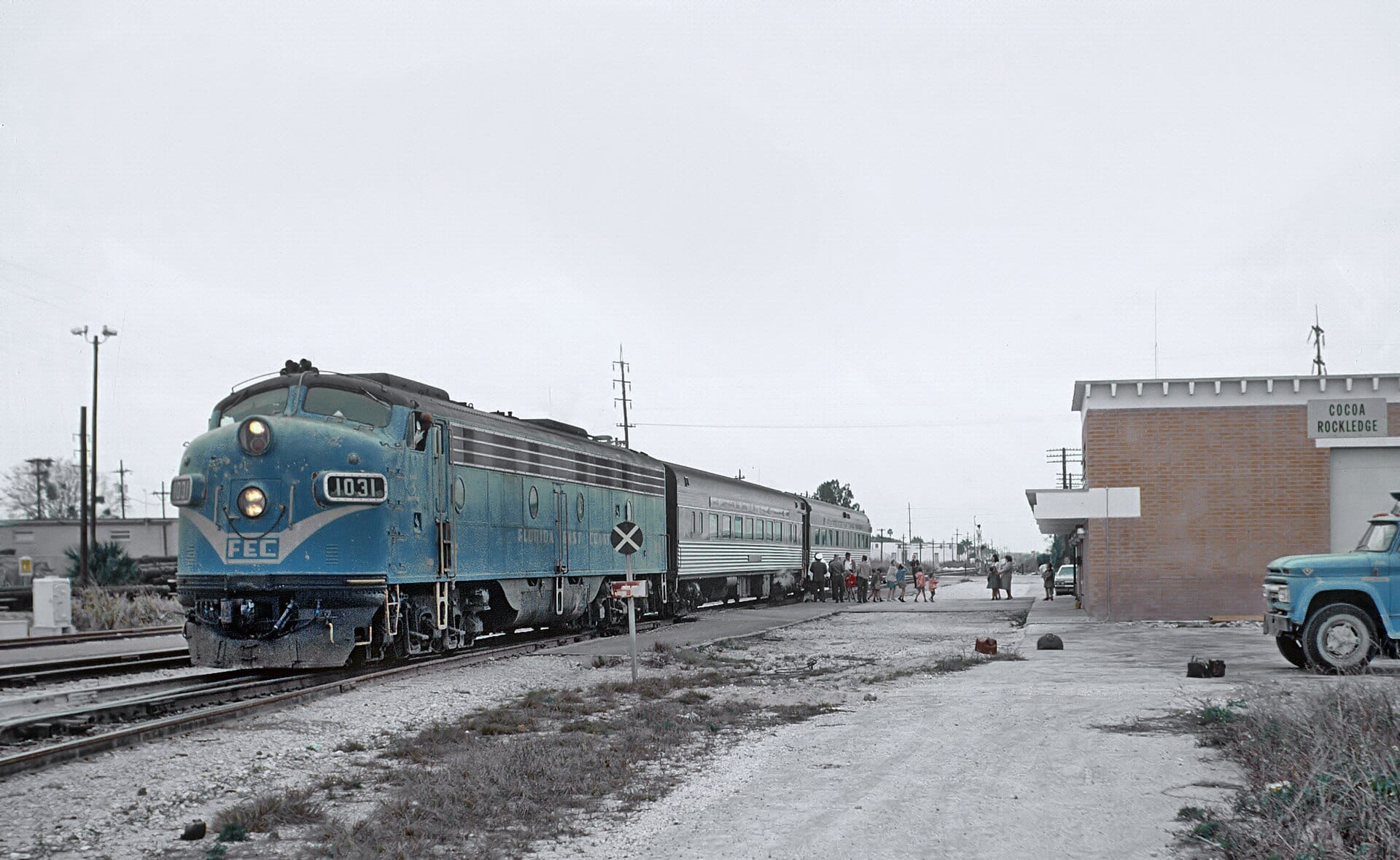 Florida East Coast Railway train through the Cocoa-Rockledge area, the shipping artery that carried surviving Indian River citrus after the 1894-95 freeze.